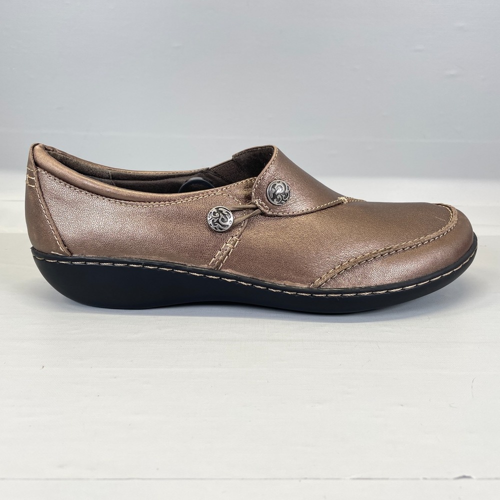 Clarks Ashland Lane Q Shoes Womens Size 11 M Pewter Leather Casual Loafers